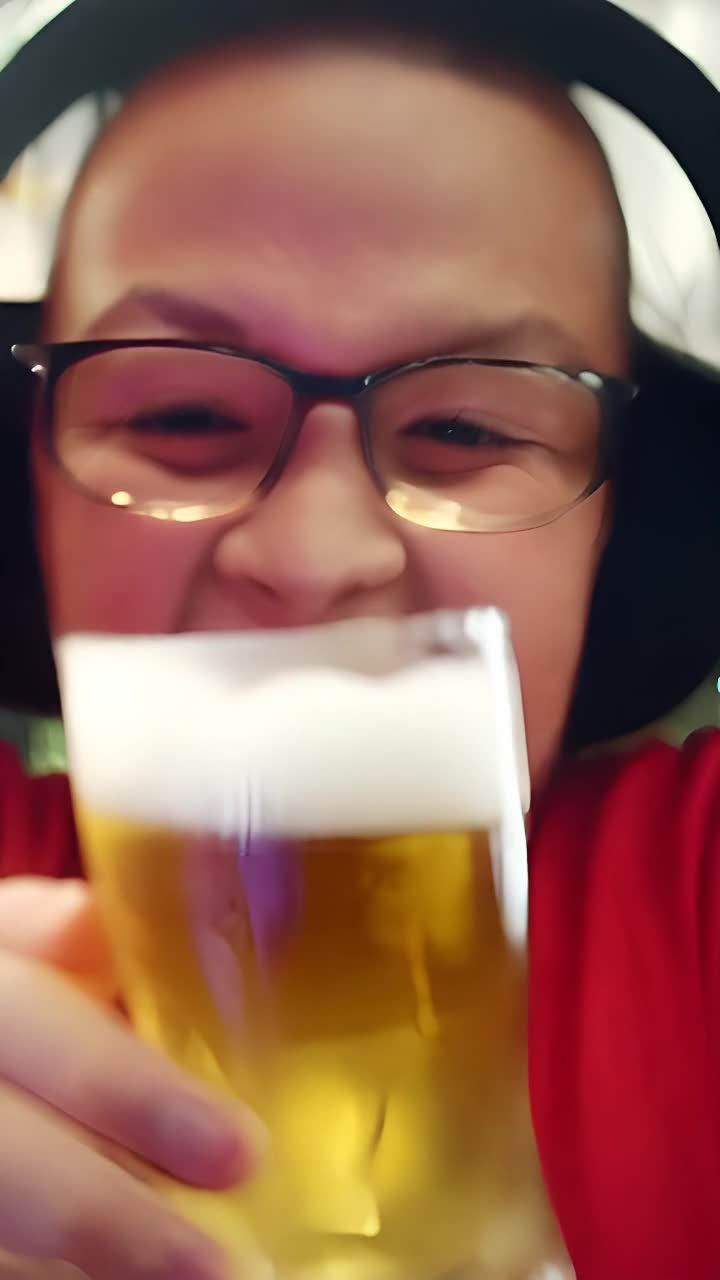一个人戴着黑色耳机和眼镜，穿着红色上衣，伸出舌头。