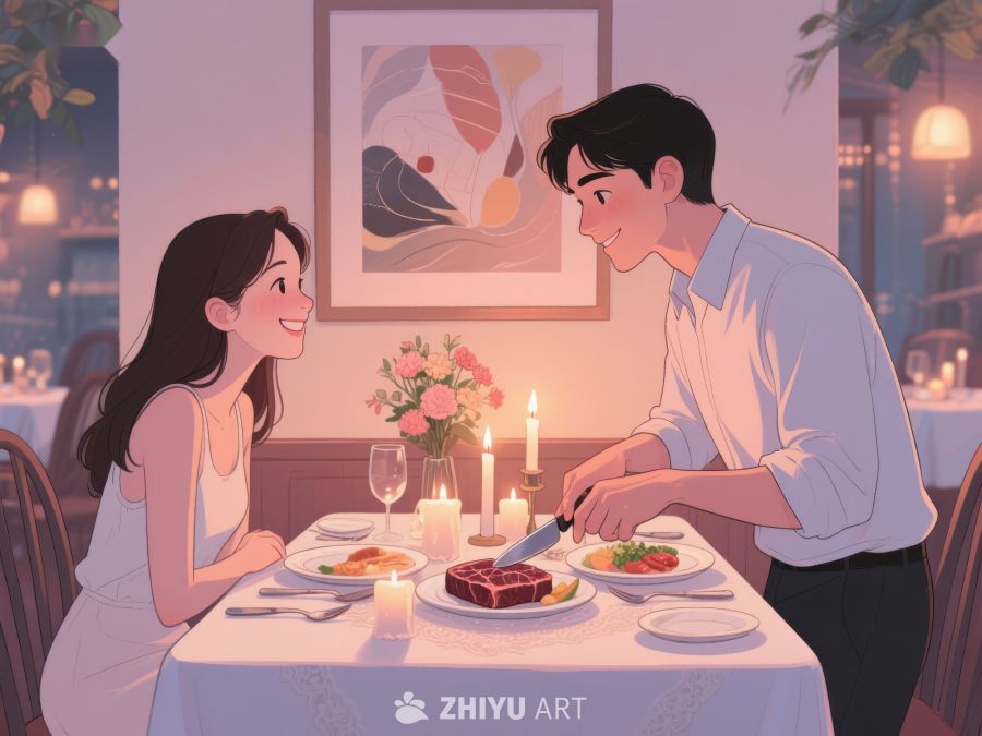 浪漫晚餐：情侣在温馨餐厅共享美食 431