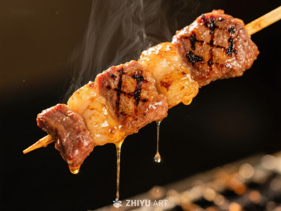 烤肉串上的美味牛肉与脂肪滴落