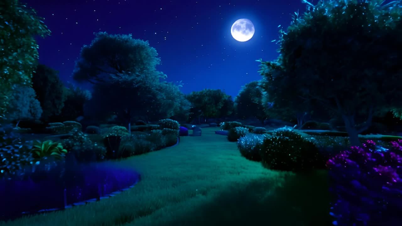 月光照耀下的花园里，夜晚宁静而浪漫。