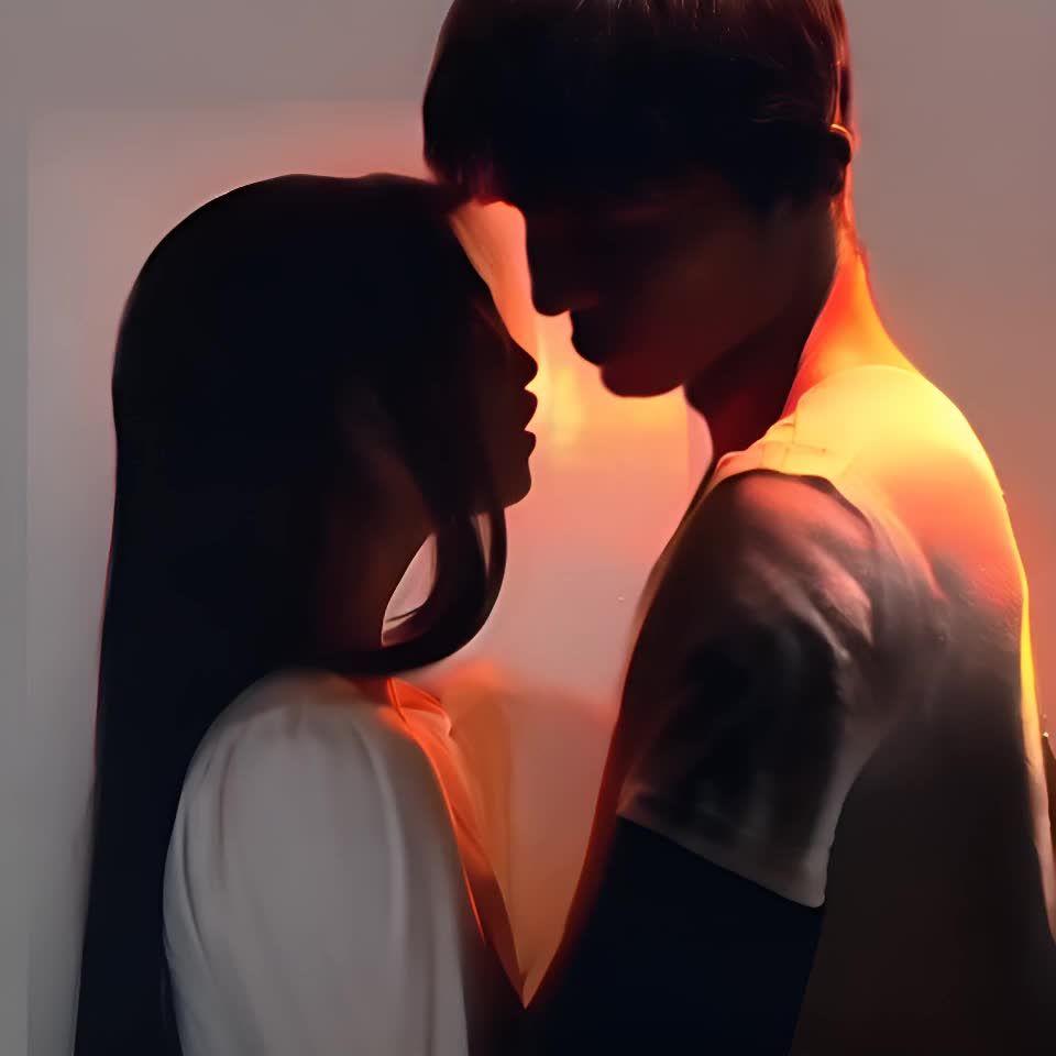 在一间光线昏暗的房间里，一对男女互相靠近。他们的手