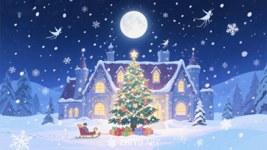 雪夜城堡前的圣诞树 267