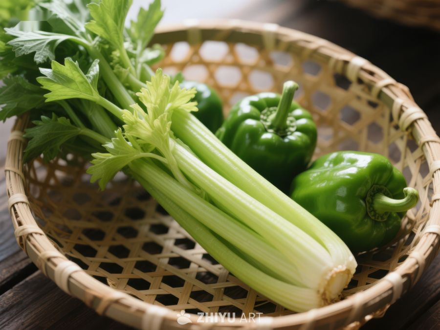 篮中新鲜芹菜与青椒 144