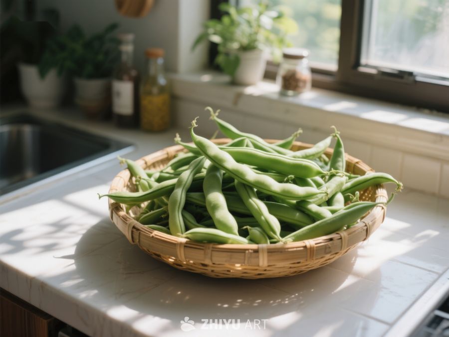 厨房台面上的绿色豆荚 84