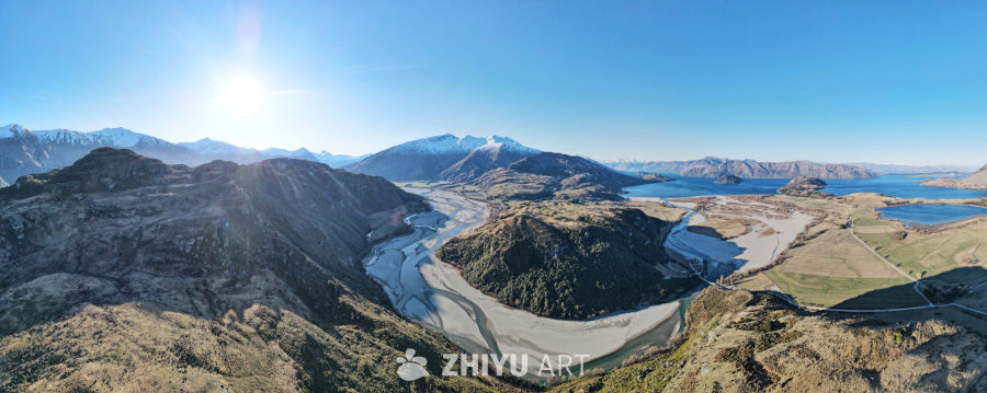 登高全景航拍新西兰南岛瓦纳卡湖雪山湖泊峡谷河流 3