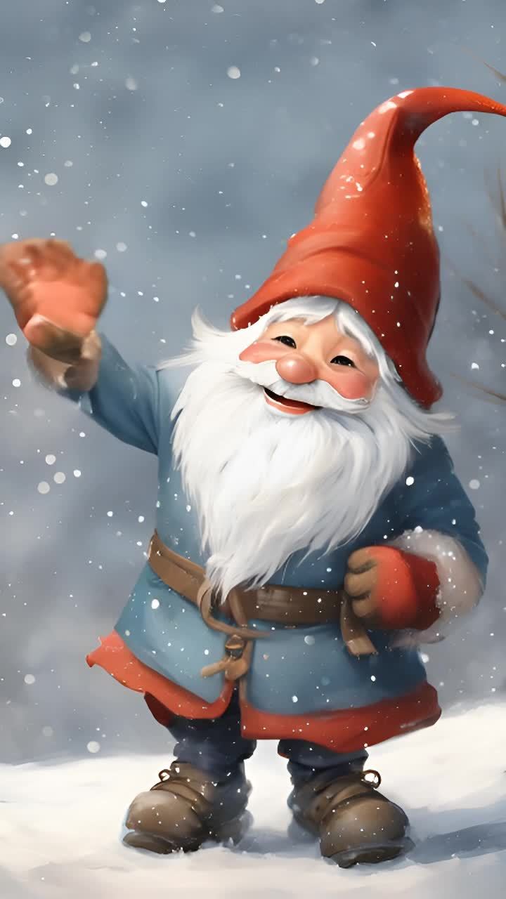 一个小矮人站在雪地上，他戴着红色的尖顶帽子，穿着蓝