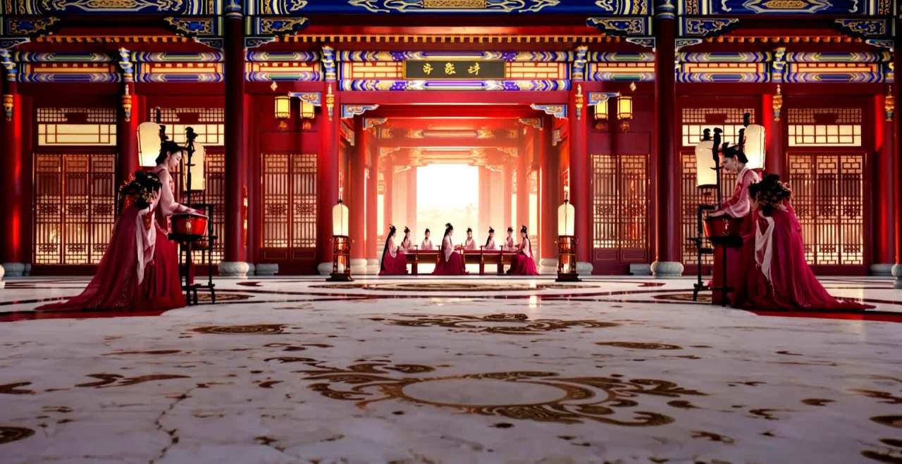 一座装饰华丽的中式建筑内部，地板上有金色图案。在建