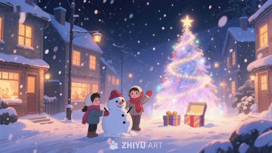 冬夜雪景中的圣诞树与欢乐儿童 114