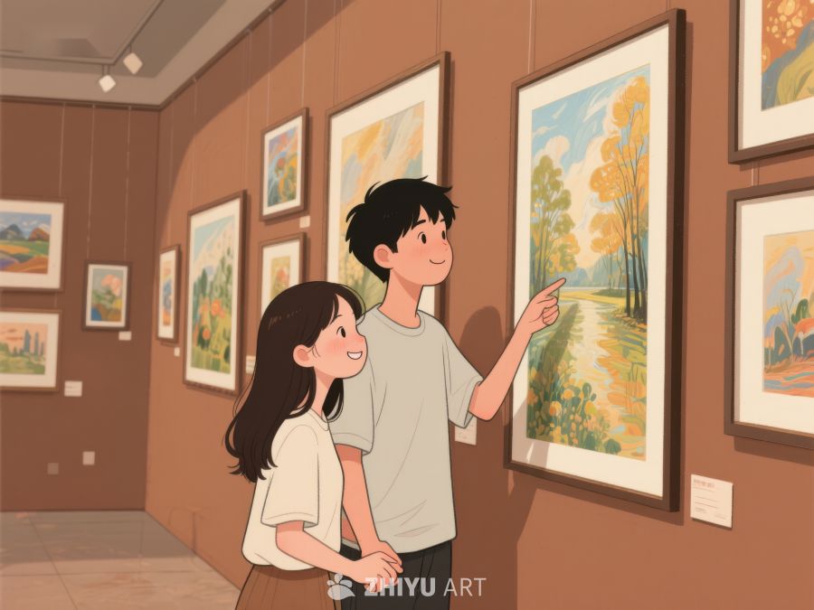 画廊中欣赏风景画的两人 362