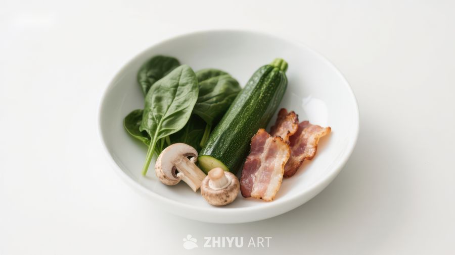 碗中新鲜蔬菜与培根的组合