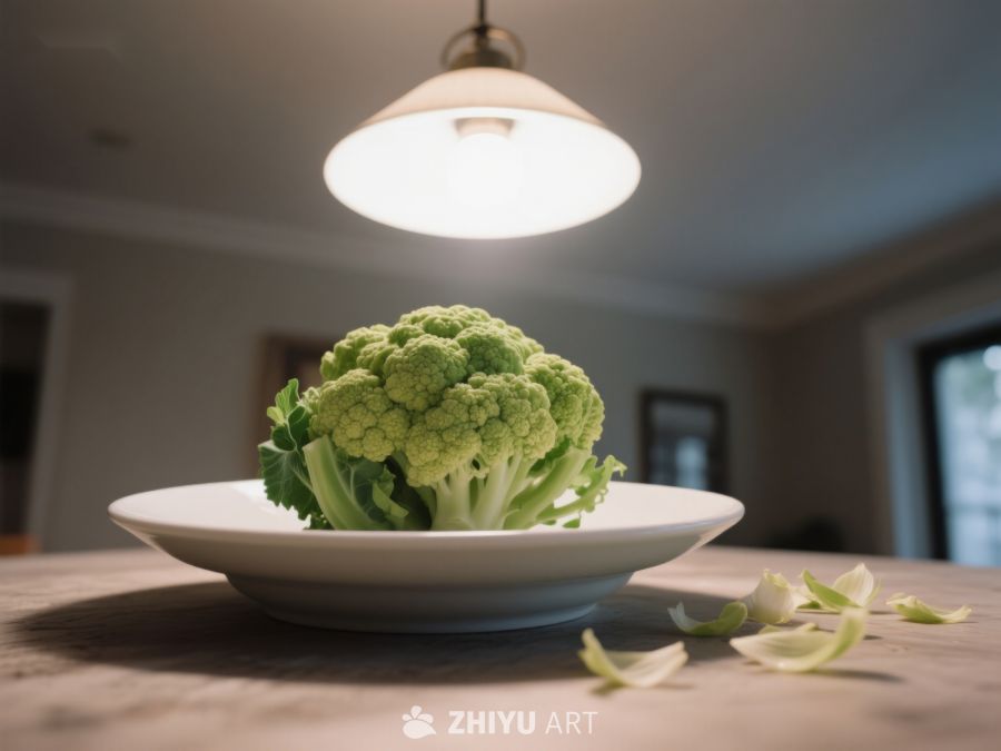 盘中新鲜西兰花，灯光下静谧厨房一角 228