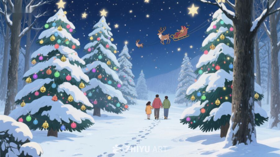 雪夜森林中的圣诞树与家庭 394