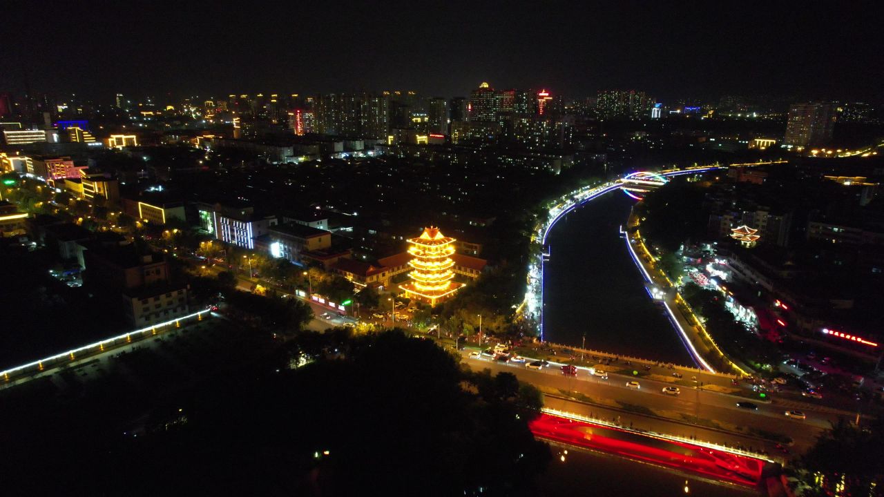 河北沧州清风楼夜景灯光航拍