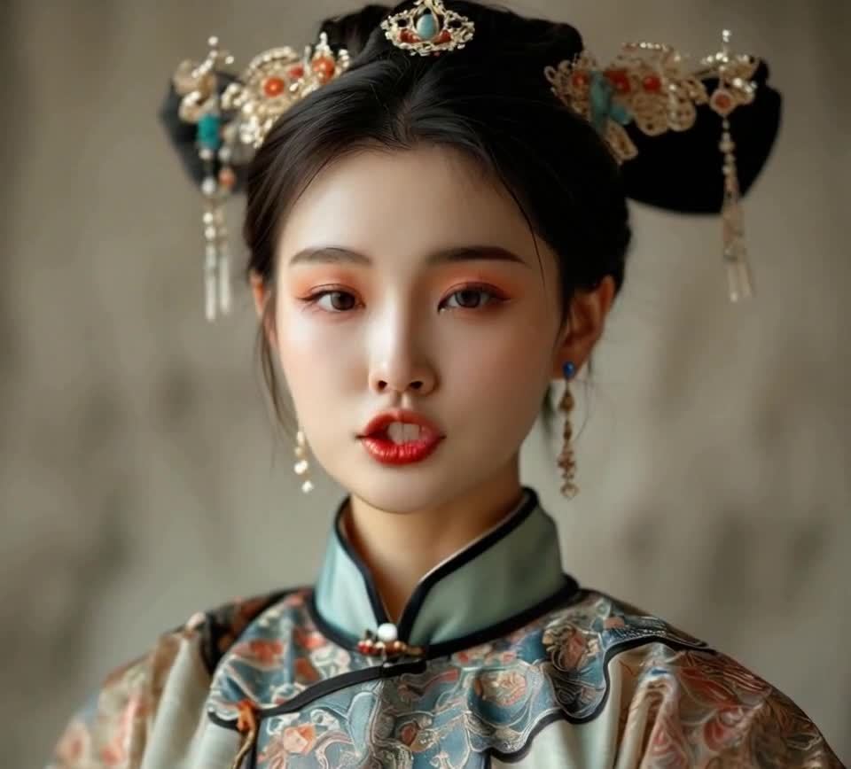 一位身着中国传统服饰的女性，面容精致，化着妆，红唇
