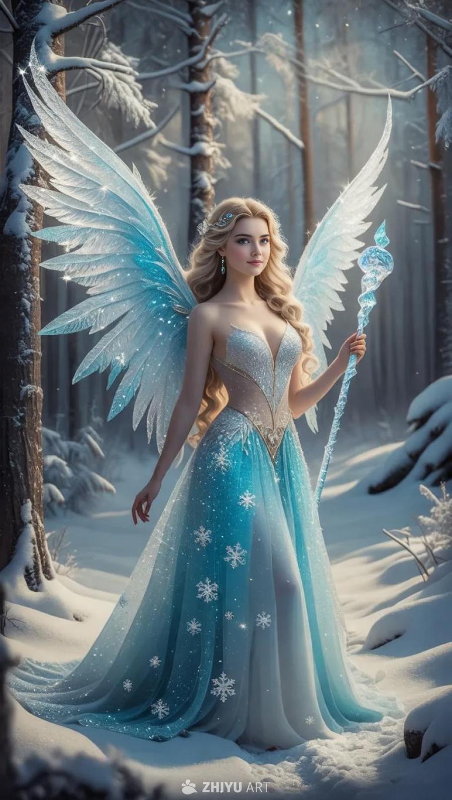 一位美丽的女子站在白雪皑皑的森林中，她长着冰蓝色的