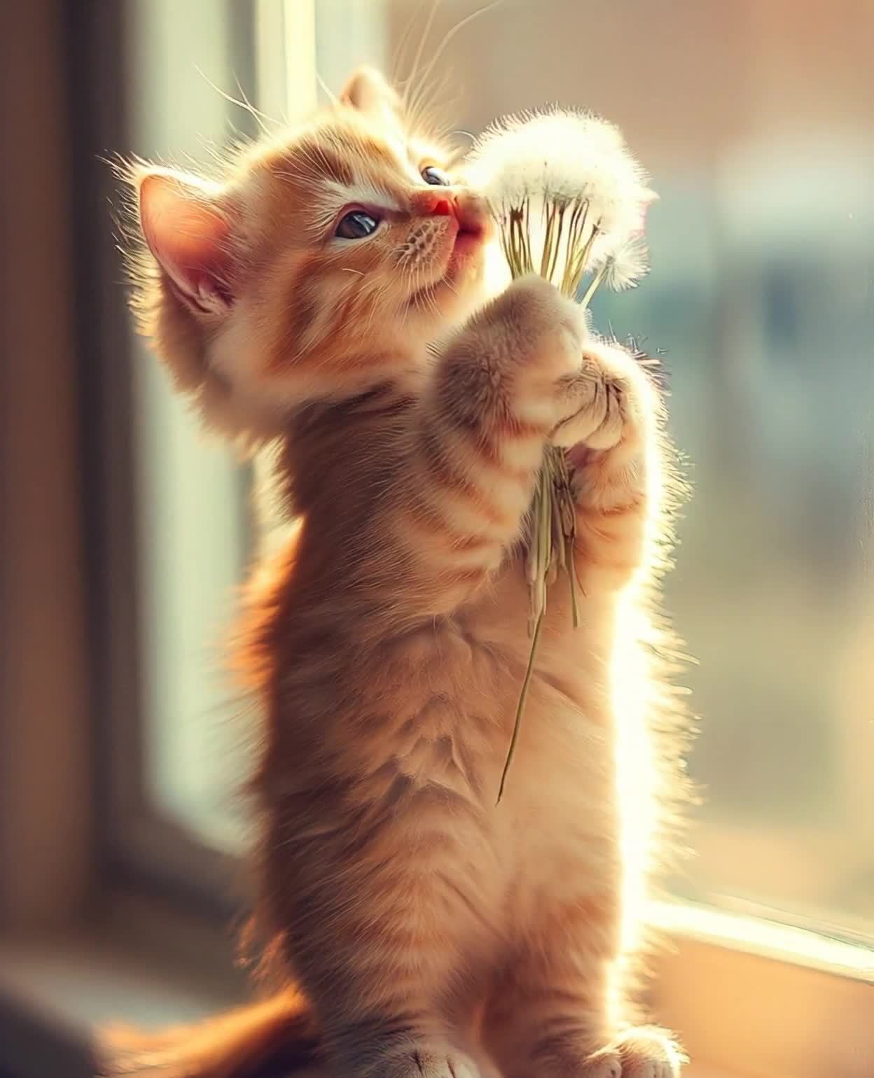 姜黄色小猫抱蒲公英仰望，阳光窗边可爱温馨