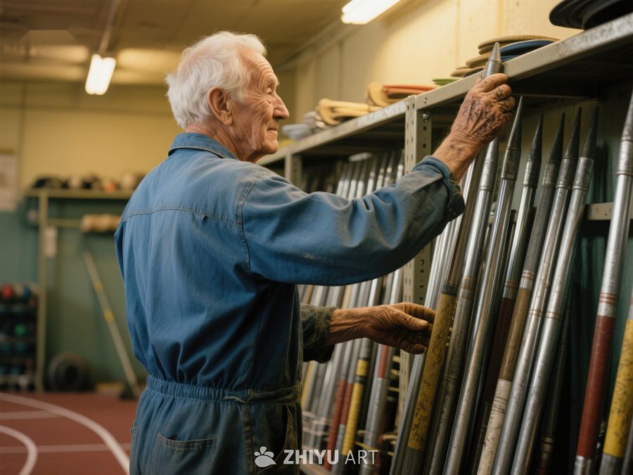 老人在仓库中整理工具 482