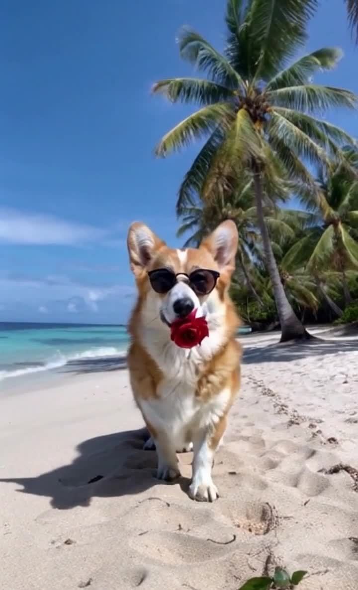 戴墨镜的柯基犬海滩漫步，叼着红玫瑰。