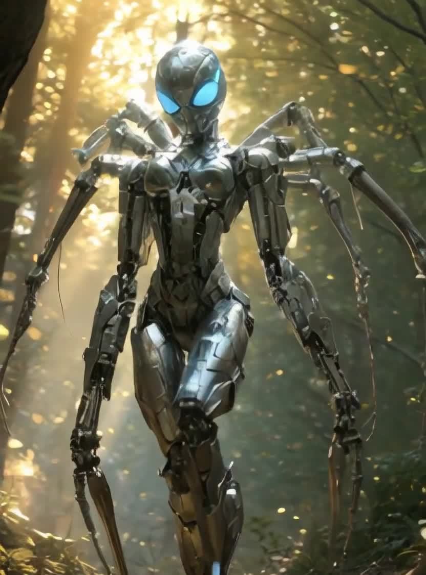 森林中的机械外星生物，蓝眼金属机器人。