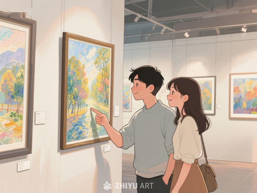 情侣在画廊欣赏风景画 554