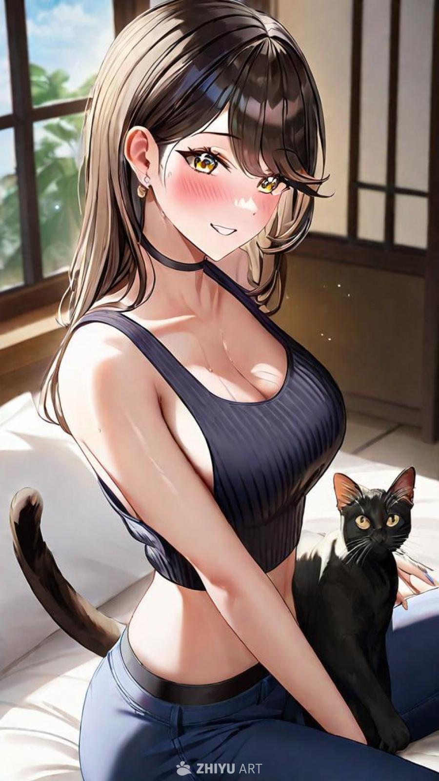一位穿着吊带衫的美丽女子和一只猫在一起，3D渲染。