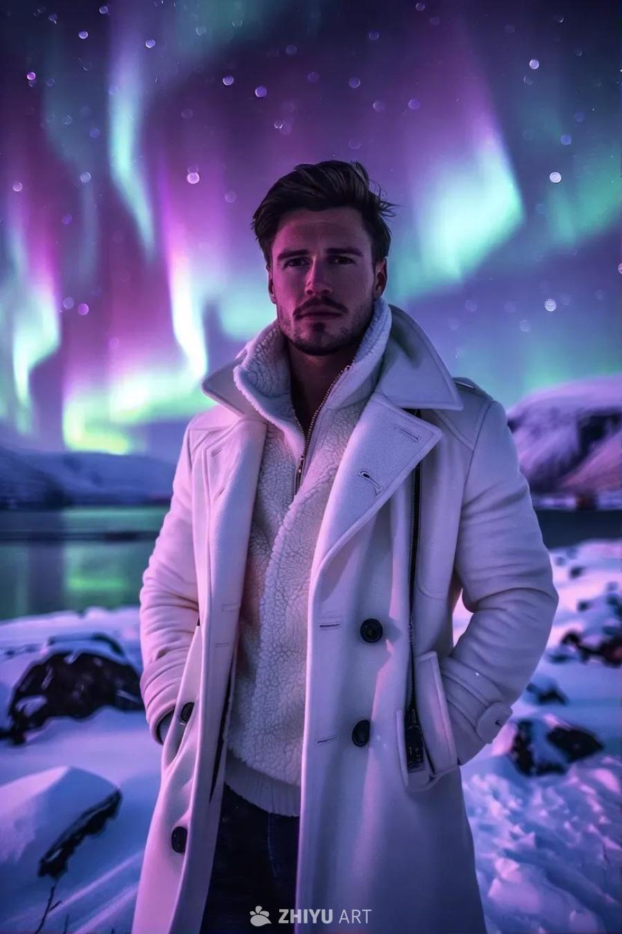 一名男子身穿白色大衣，站在挪威的雪地中，面对镜头摆