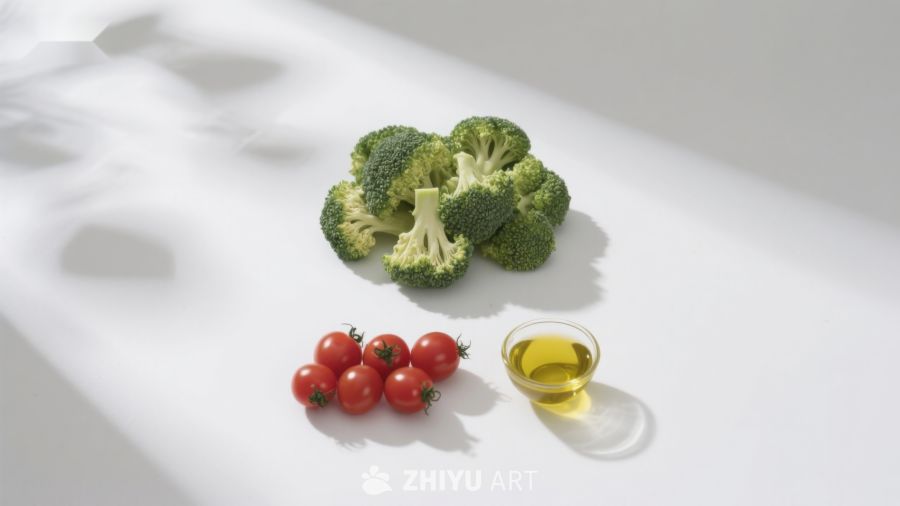 西兰花樱桃番茄与橄榄油