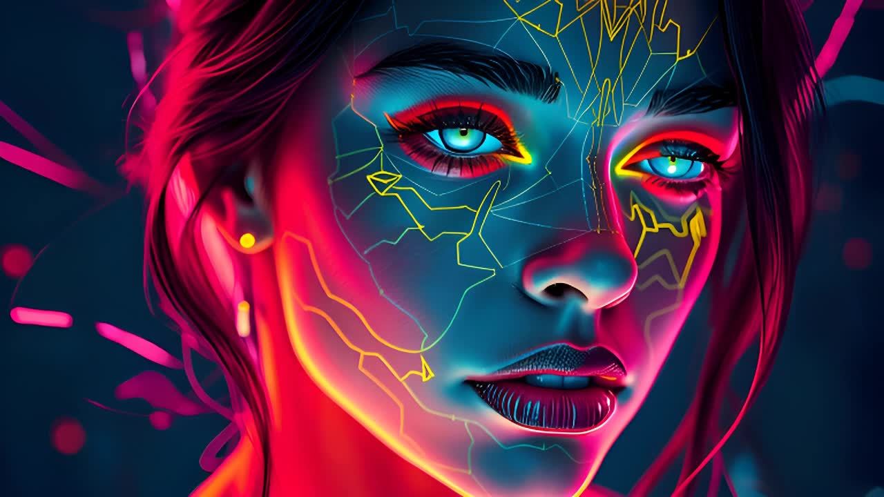 一位女性的脸部被霓虹灯线和几何形状照亮，她的眼睛发