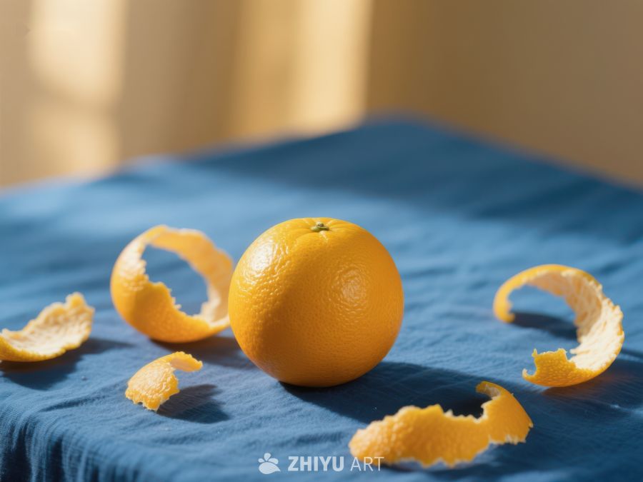 剥皮的橙子静置于蓝色布料上 26