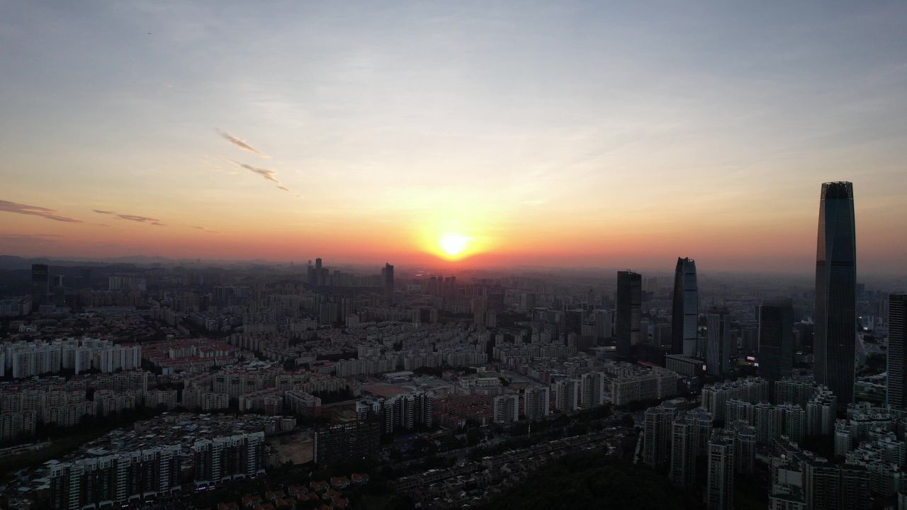 广东东莞日落晚霞城市夜景航拍