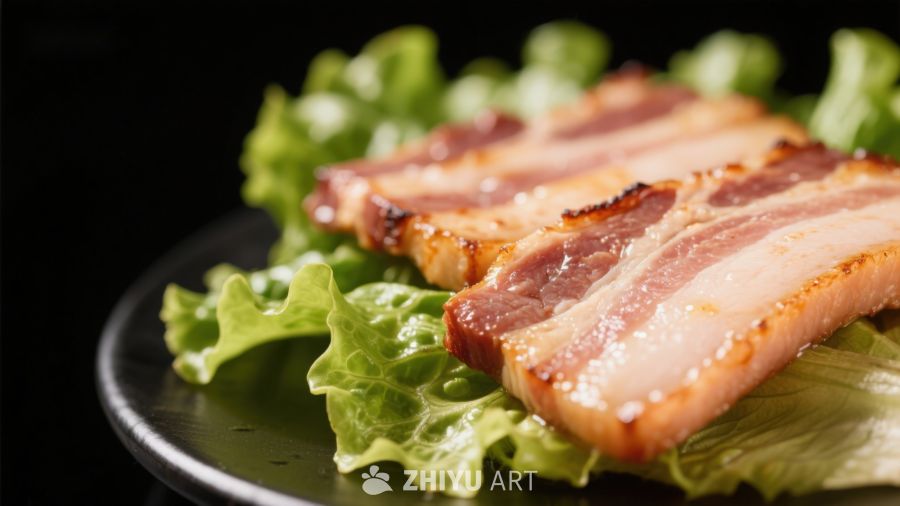 煎培根配生菜特写