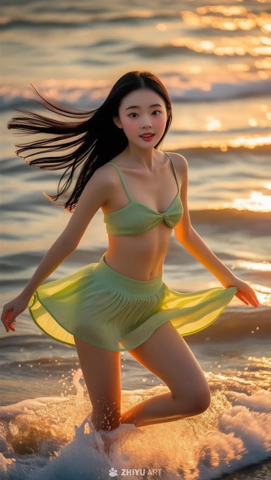 海滩上，一位穿浅绿色短裙的中国女孩，长长的黑发在风