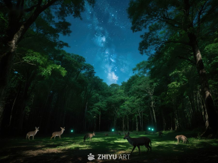夜空下的森林与鹿群 370