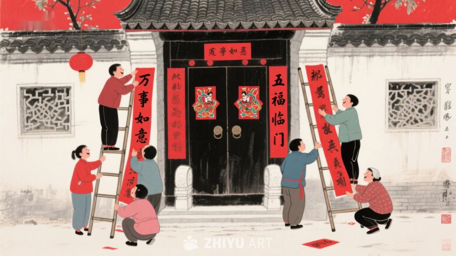 家庭合力贴春联迎新春 40