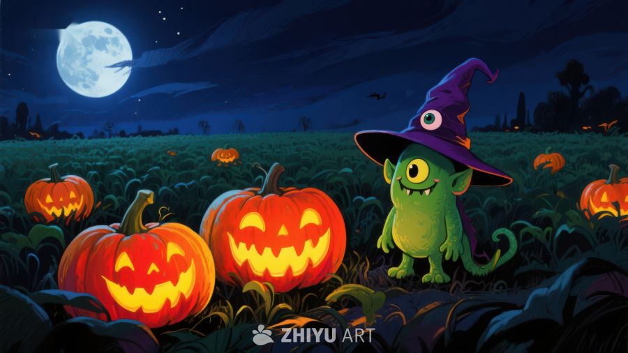 万圣夜南瓜地里的小巫师