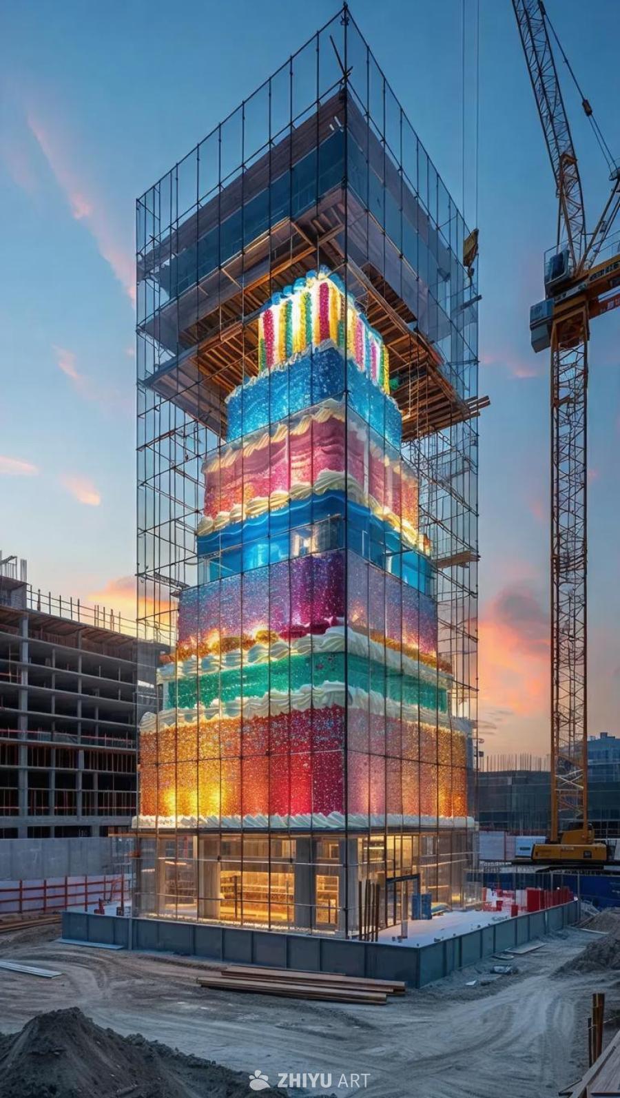 一个大型建筑工地，一座商业玻璃建筑被装饰成一个巨大