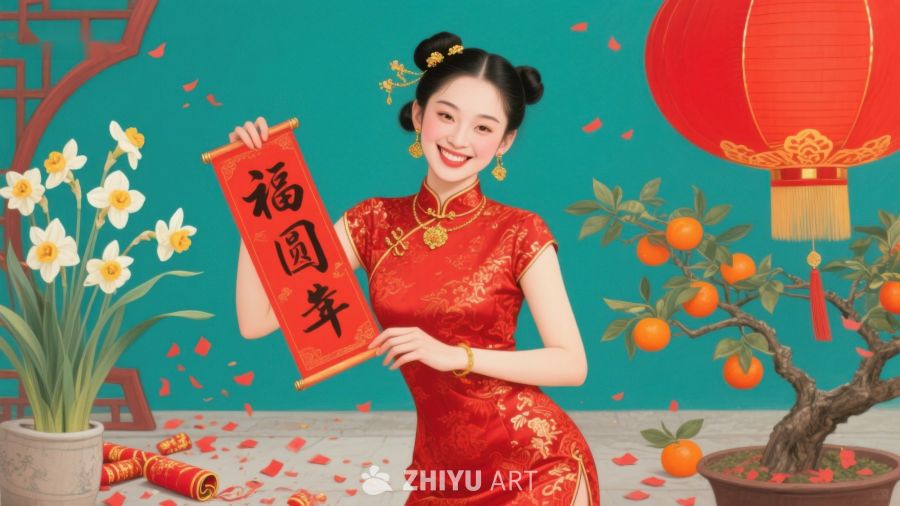 女子手持福字庆祝新年 736