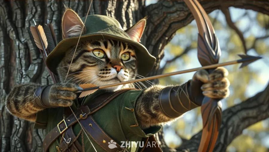 一只拥有美丽眼睛的超现实人形猫，穿着罗宾汉的服装和