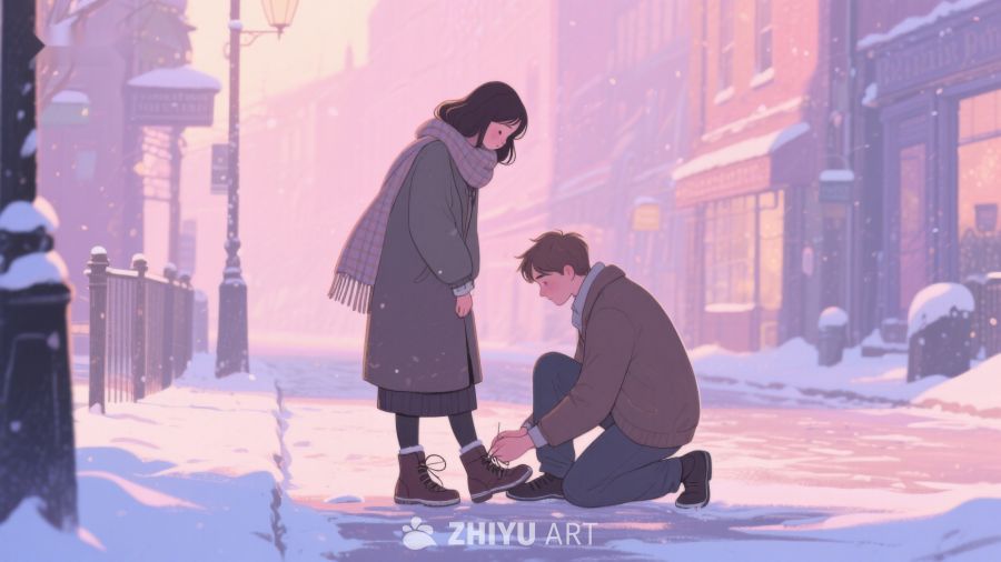 雪中街头，男子为女子系鞋带 516