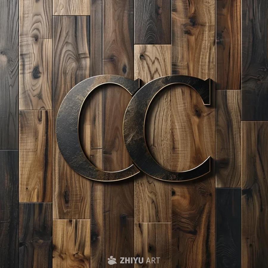 两个相连的“C”字母标志，放置在木质地板的背景上。