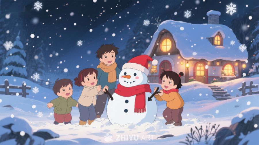 冬夜雪地，孩子们与雪人共乐 96