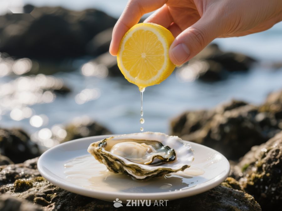 柠檬汁滴入牡蛎，海边美食享受 757