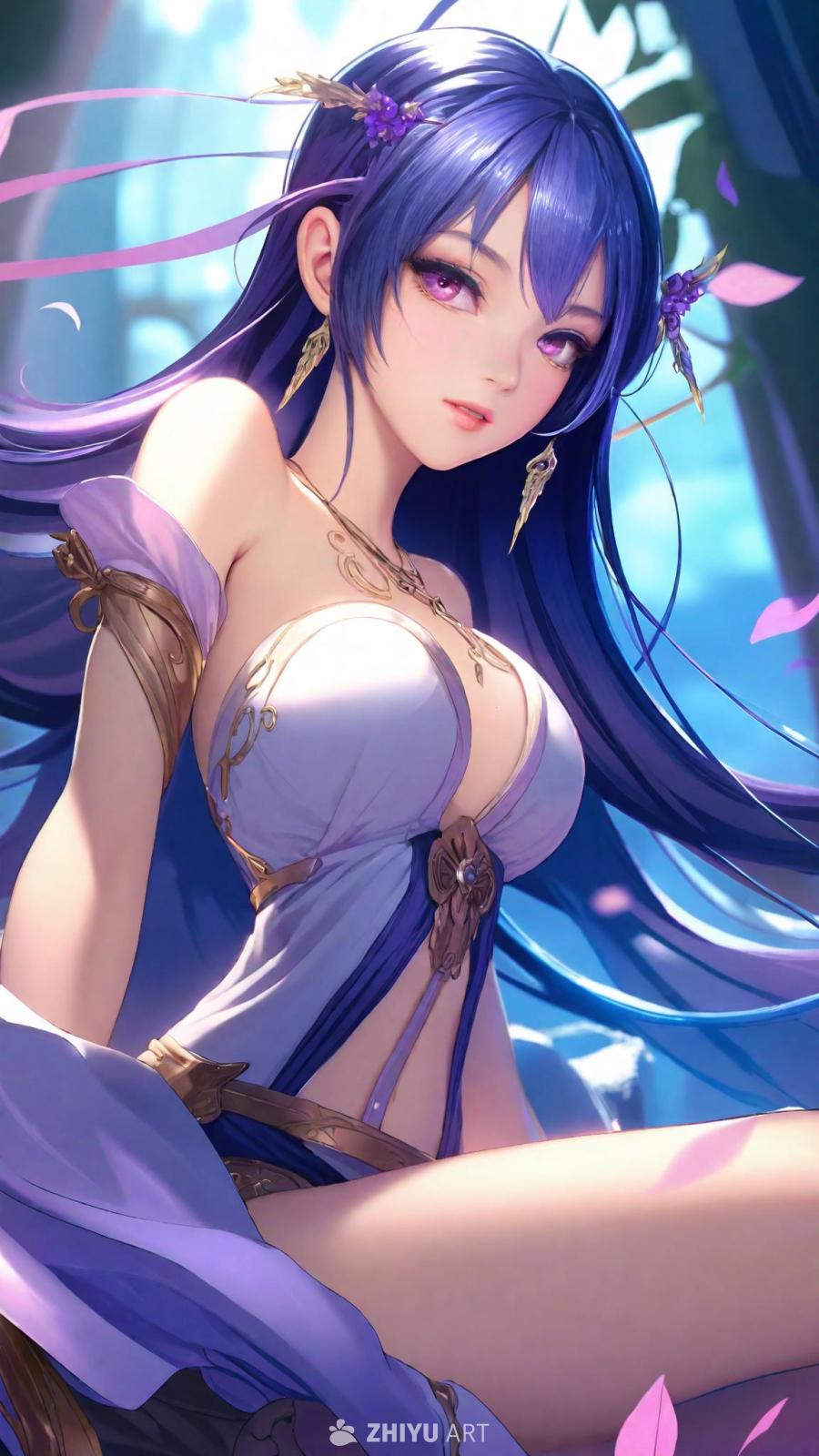 一位动漫女孩拥有长长的紫色头发、眉毛和眼睛。她的头