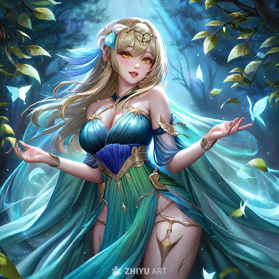 一位金发女子站在森林中，她穿着一件蓝绿色长袍，上面