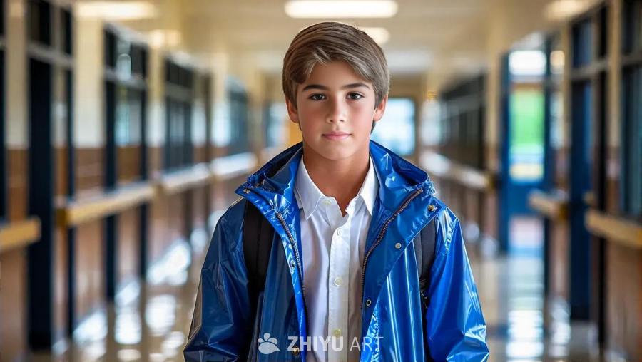 一个穿着蓝色雨衣的年轻美国少年站在学校走廊里，自信