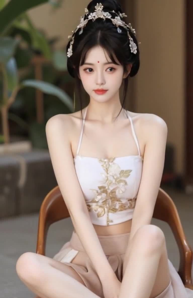 古典美人着汉服，雅致妆容坐于木椅上。
