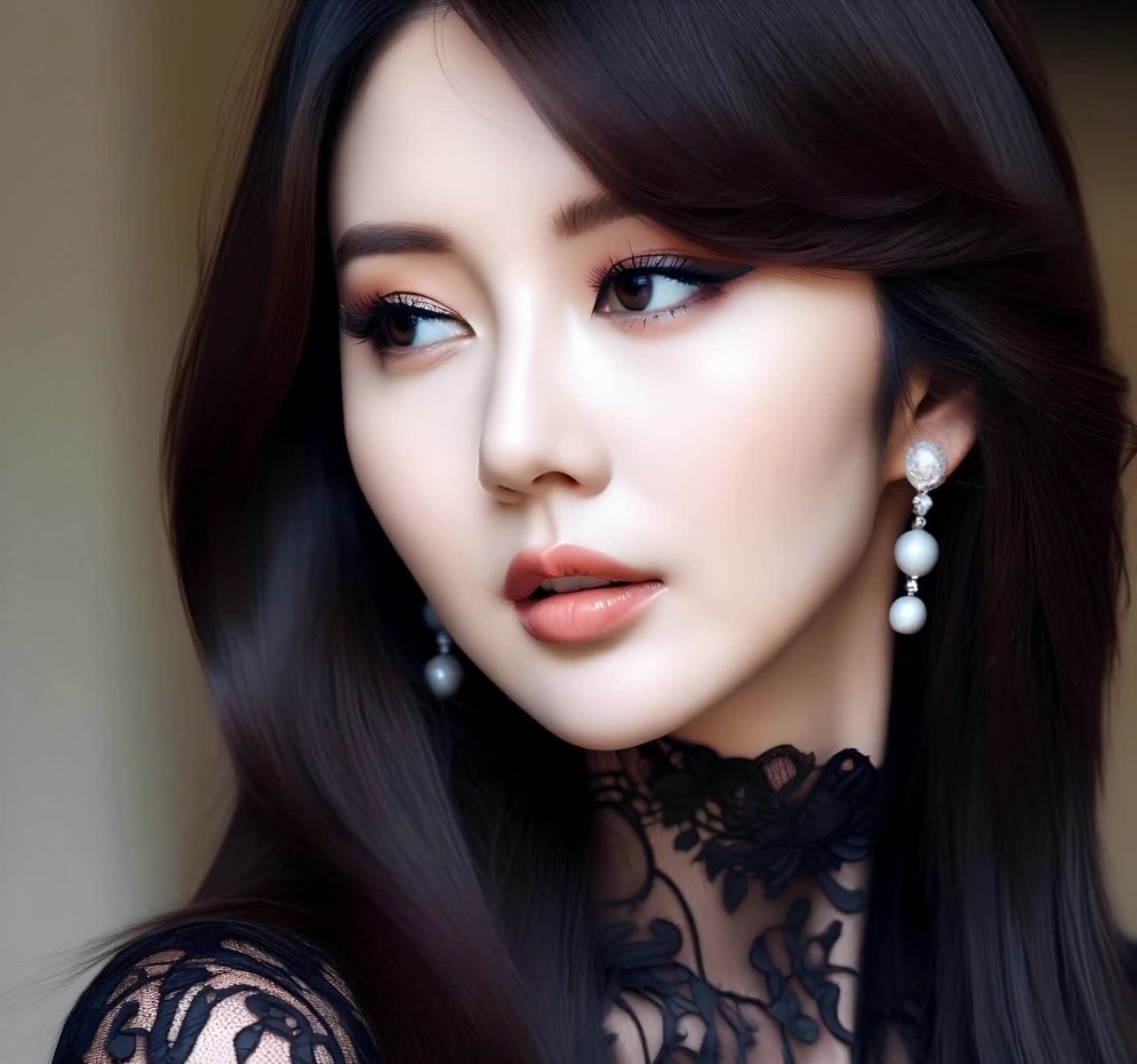 一位长发披肩的年轻女子侧身看向远方，她的深色头发顺