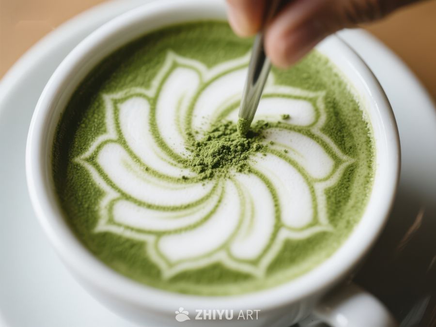 抹茶拿铁上的莲花拉花艺术