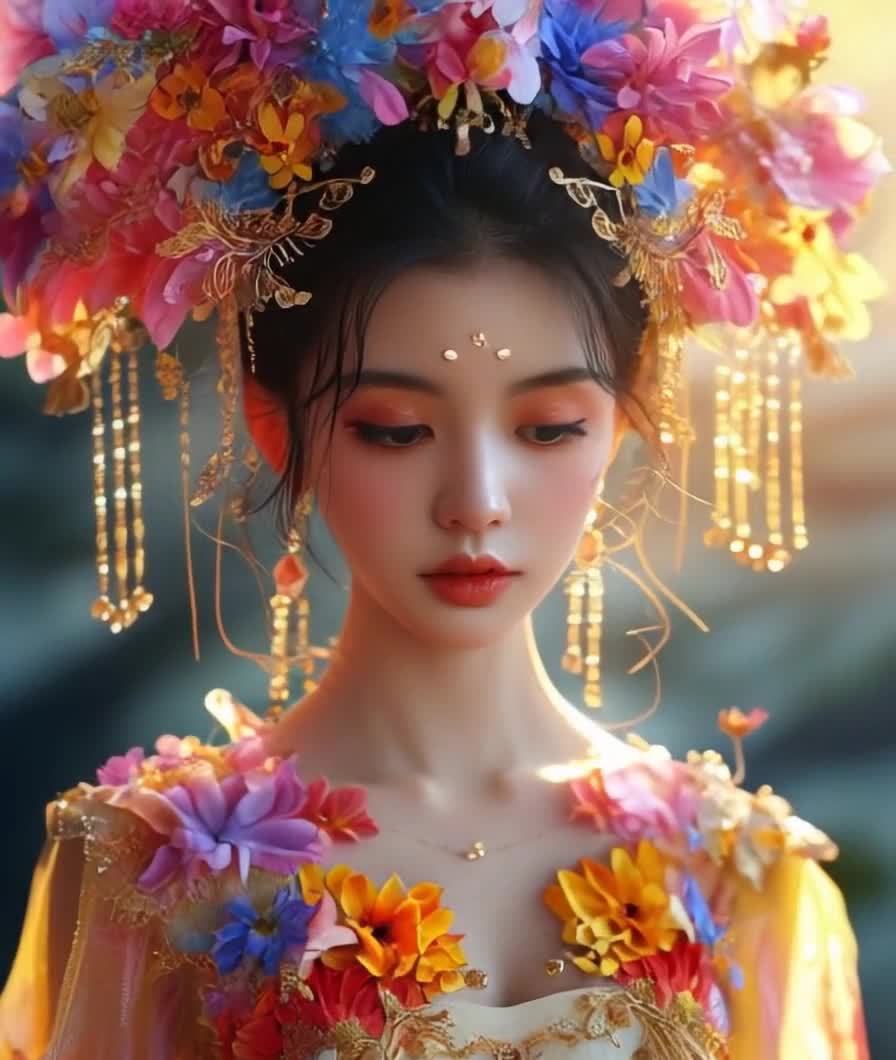 一位年轻女性的半身肖像，她戴着由多种颜色鲜艳的花朵
