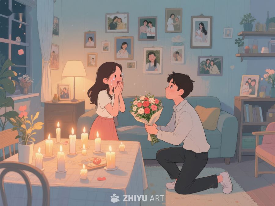 温馨求婚场景，烛光晚餐与鲜花 770
